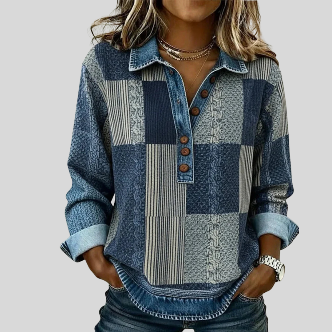 Sylvia | Patchworktrui met denimlook voor dames