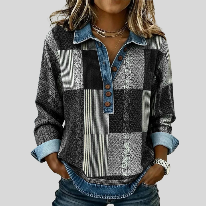 Sylvia | Patchworktrui met denimlook voor dames