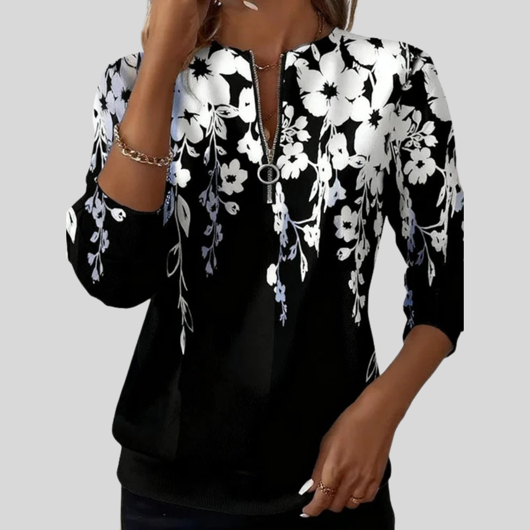 Avelina | Zwarte sweater met grafische witte bloemen voor dames