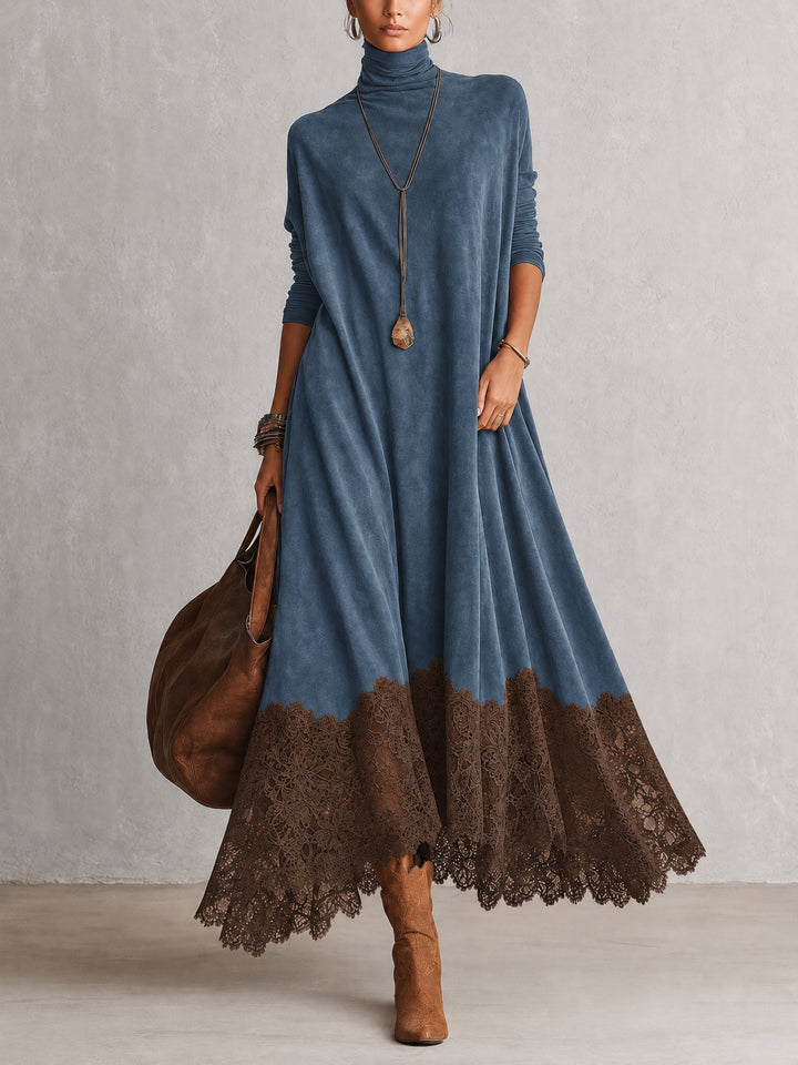 Isabella | Lange damesjurk met suède-effect en kanten zoom