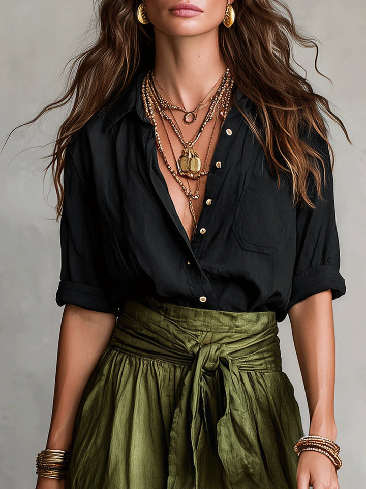 Vera™ | Set van Twee Stukken: Zwarte Top en Olijfgroene Midi Rok
