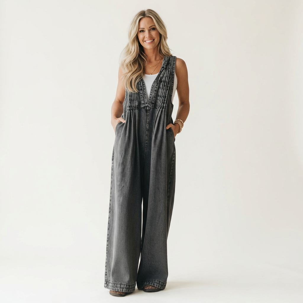 Griselda | Denim jumpsuit met wijde plooibenen