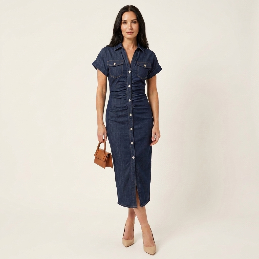 Maya | Midi Bodycon Denim Jurk met Voor Knopen