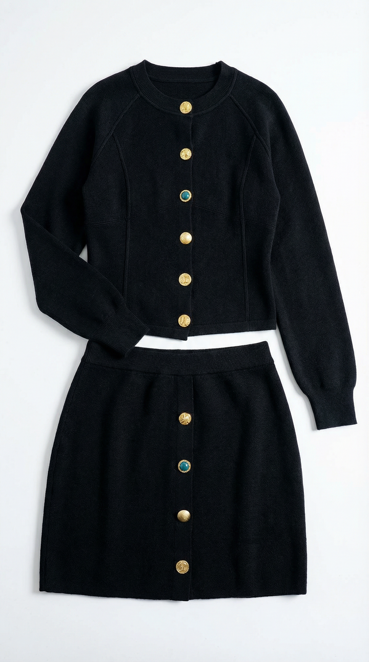Carrie knoop-voor cardigan en rok set